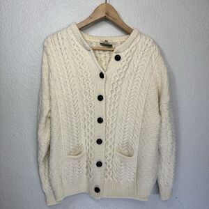 Carraig Donn Cardigan Women XL Ivory Merino Wool Cable Knit Made In Ireland